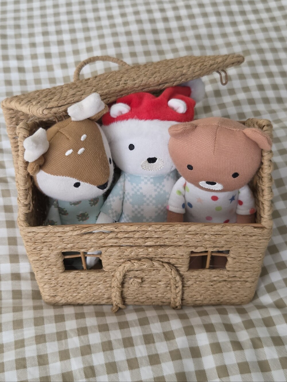 Miniature Woven House-shaped Basket Holding Three Small Plush Toys